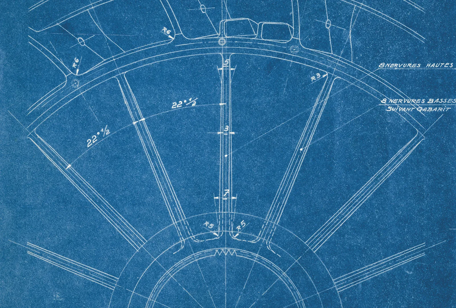 Detail of Bugatti&rsquo;s patented Monobloc aluminum wheel design from a 1932 technical drawing.