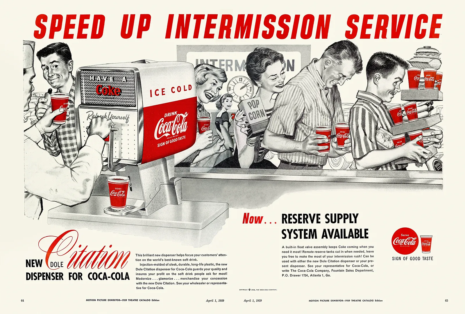 1959 Coca-Cola advertisement featuring the Dole Citation dispenser, published in Motion Picture Exhibitor magazine