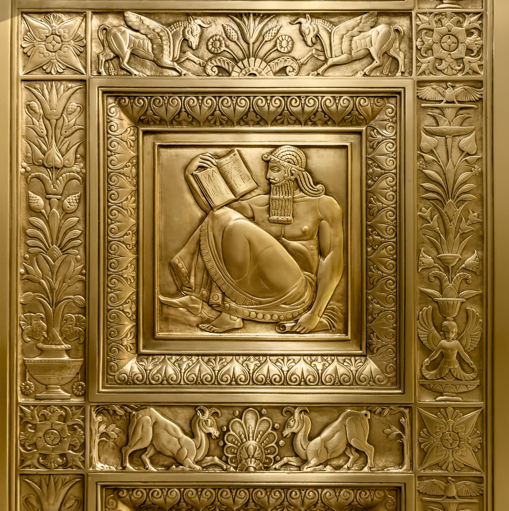 The Scholar / Planner (Panel 157) Finance Agitation. Gilded Bronze Radiator Grill in the vestibule of the Chanin Building. By Rene Paul Chambellan 1929.