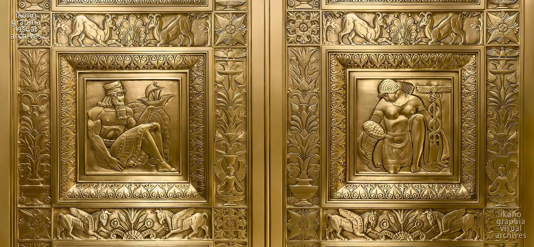 The Merchant and The Wealth Bearer — Art Deco elevator panels, Fred French Building, New York, 1927 — Glinsky & Bach