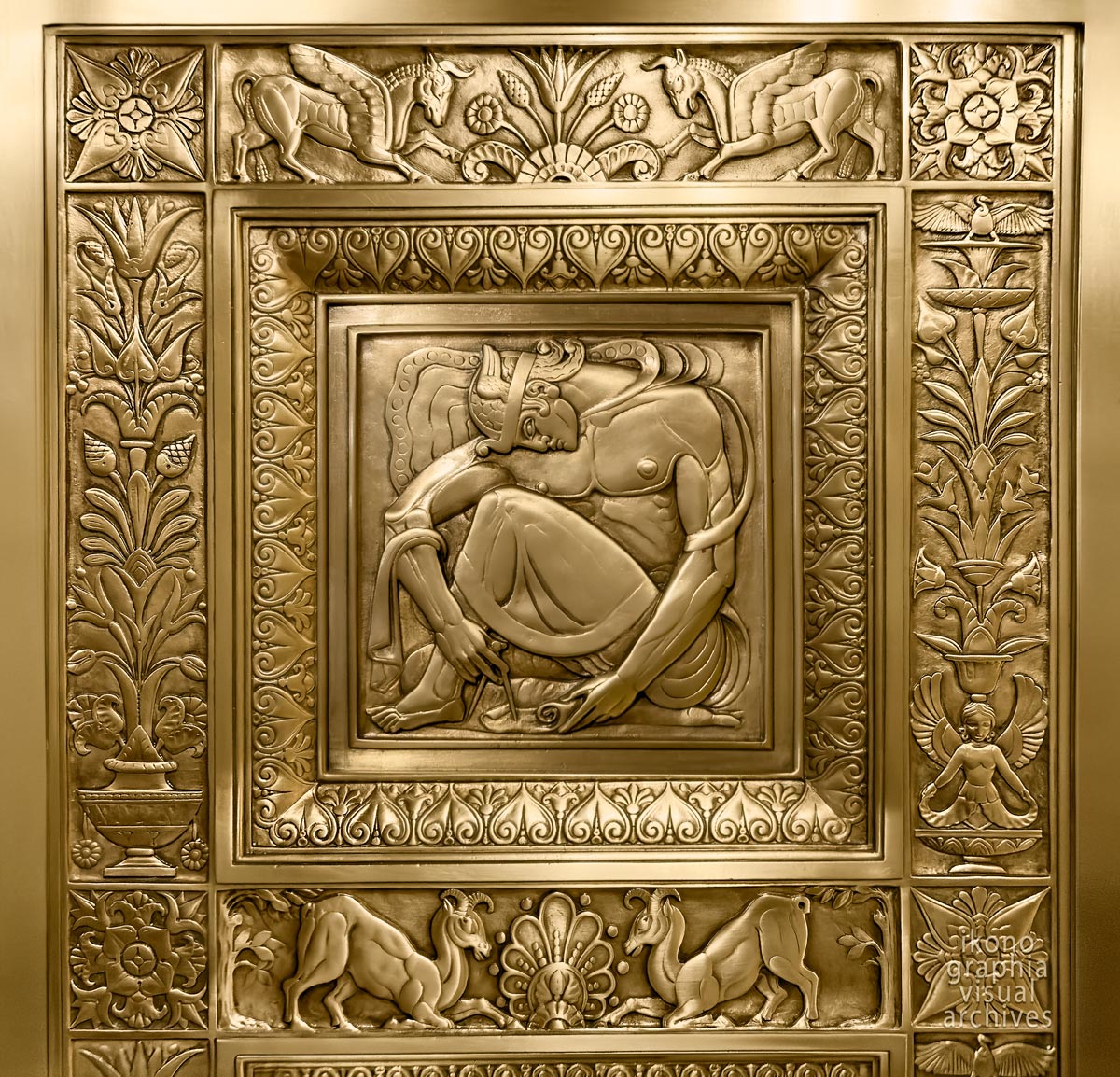 The Kneeling Builder — Art Deco elevator panel, Fred French Building, New York, 1927 — Glinsky & Bach