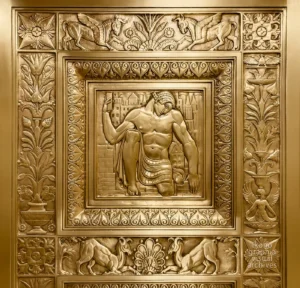 The Kneeling Builder — Art Deco elevator panel, Fred French Building, New York, 1927 — Glinsky & Bach
