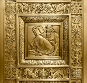 Elevator panel, The Industrial Worker — Industry, Fred French Building, New York, 1927. Gilt bronze relief by Vincent Glinsky, metalwork by Oscar Bach, program by H. Douglas Ives. Photographed by Roberto Bigano.