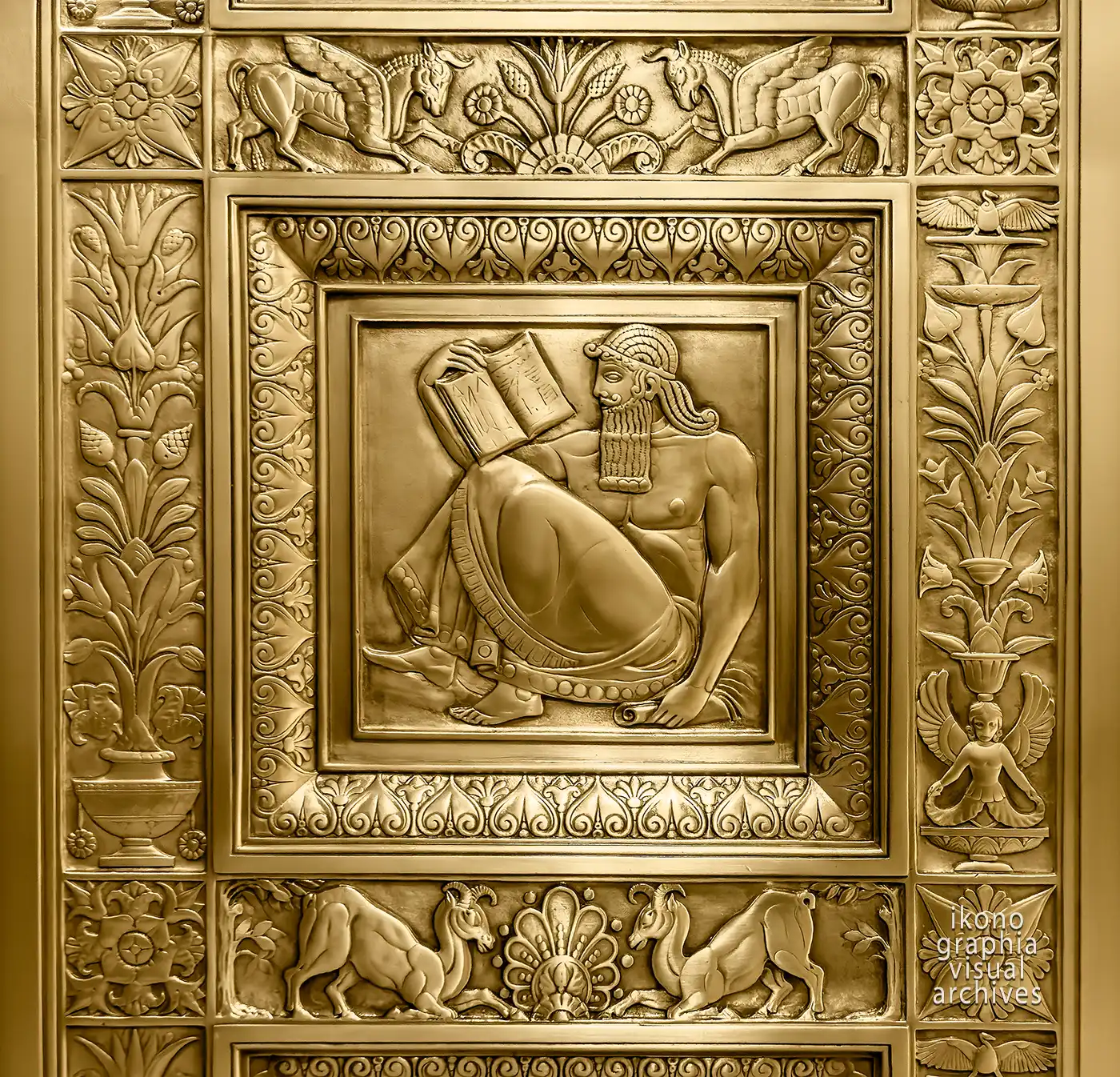 Elevator panel, The Industrial Worker — Industry, Fred French Building, New York, 1927. Gilt bronze relief by Vincent Glinsky, metalwork by Oscar Bach, program by H. Douglas Ives. Photographed by Roberto Bigano.