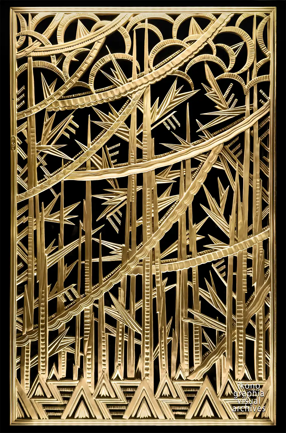 Art Deco Allegory of Agitation — gilded bronze grille by René Paul Chambellan, Chanin Building vestibule, New York, 1929.