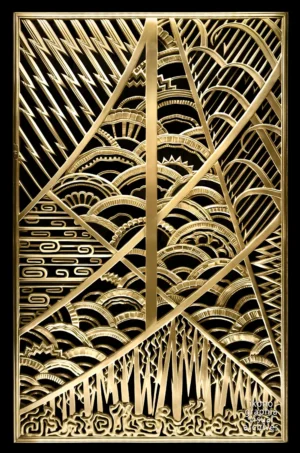 Art Deco Allegory of Courage — gilded bronze grille by René Paul Chambellan, Chanin Building vestibule, New York, 1929.