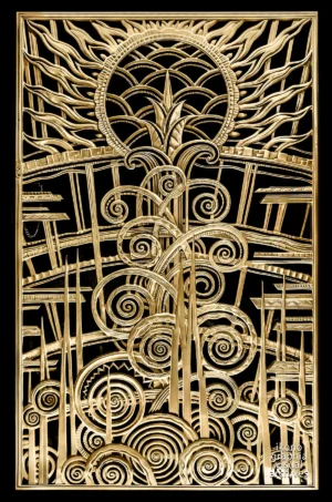 Art Deco Allegory of Achievement — gilded bronze grille by René Paul Chambellan, Chanin Building vestibule, New York, 1929.