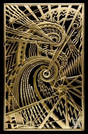 Art Deco Allegory of Effort — gilded bronze grille by René Paul Chambellan, Chanin Building vestibule, New York, 1929.