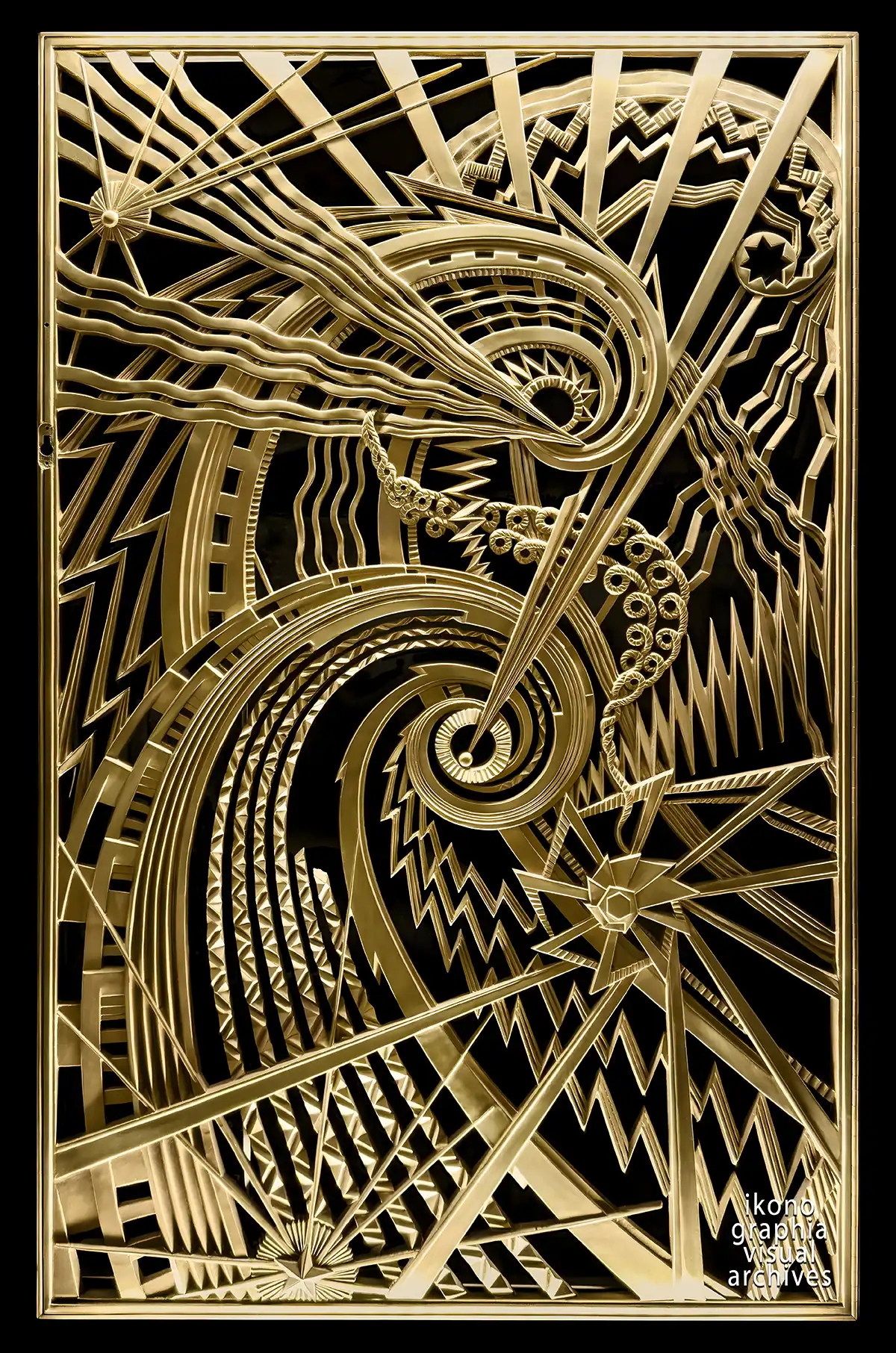 Art Deco Allegory of Effort — gilded bronze grille by René Paul Chambellan, Chanin Building vestibule, New York, 1929.
