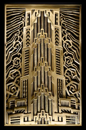 Art Deco Allegory of Endurance — gilded bronze grille by René Paul Chambellan, Chanin Building vestibule, New York, 1929.