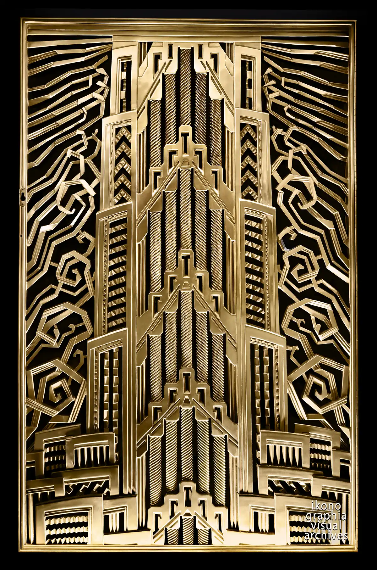 Art Deco Allegory of Endurance — gilded bronze grille by René Paul Chambellan, Chanin Building vestibule, New York, 1929.