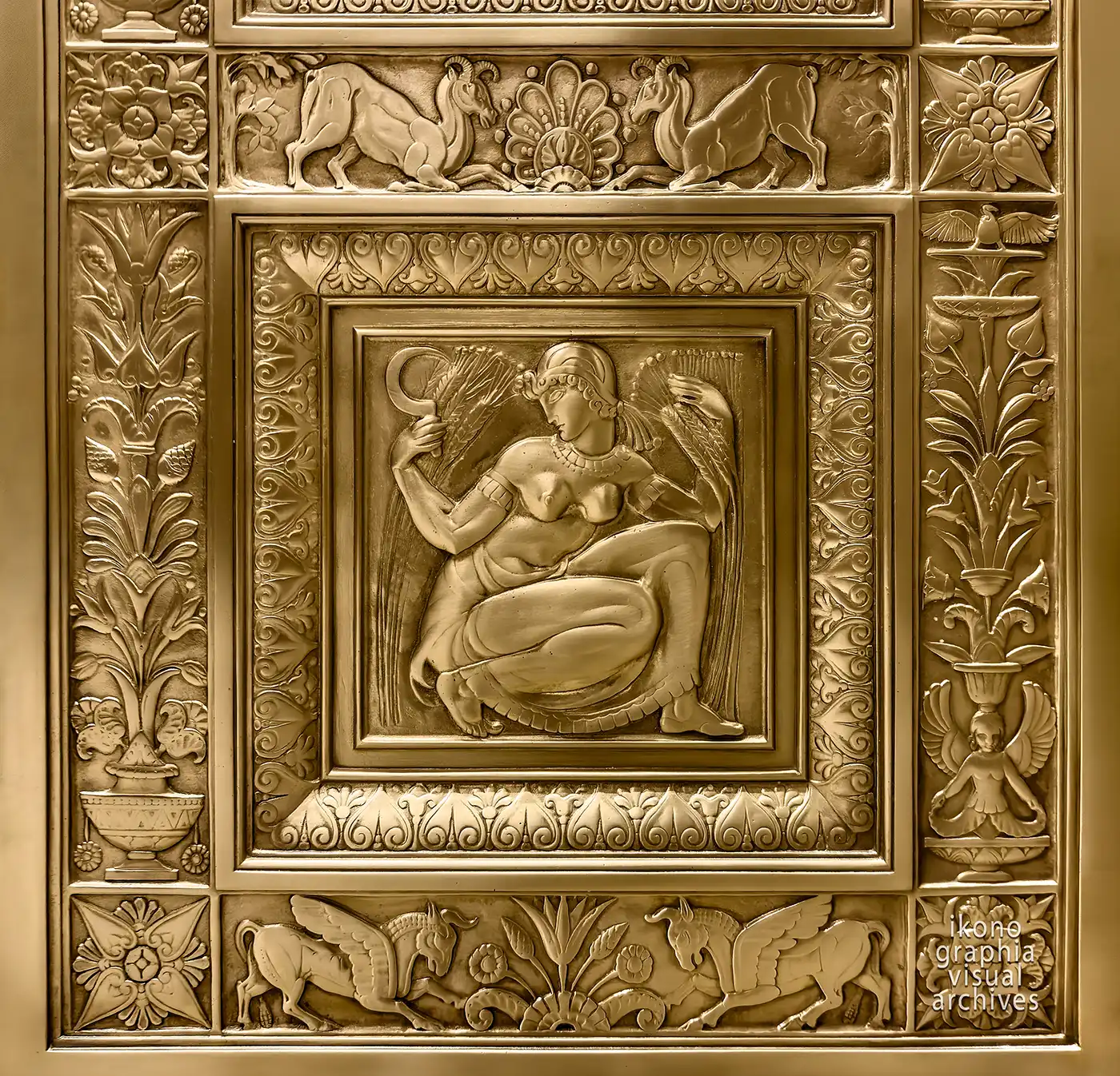Art Deco allegory of agriculture — The Harvester Industry Elevator Panel, Fred French Building, New York, 1927. Gilt bronze relief by Vincent Glinsky and Oscar Bach.