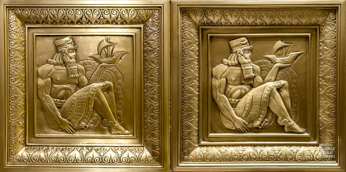 Two lighting conditions comparison — Elevator door panel, Fred French Building, New York, 1927.