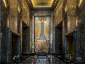 Oscar Bach aluminum bas-relief, Empire State Building lobby, New York, 1931. Machine Age map with celestial rays. Photographed by Roberto Bigano.