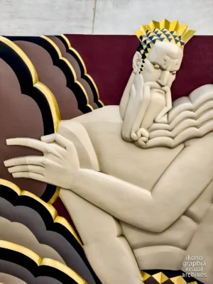 Lee Lawrie's Wisdom, close-up — polychrome crown and face, 30 Rockefeller Plaza, New York, 1933. Photographed by Roberto Bigano for FMR