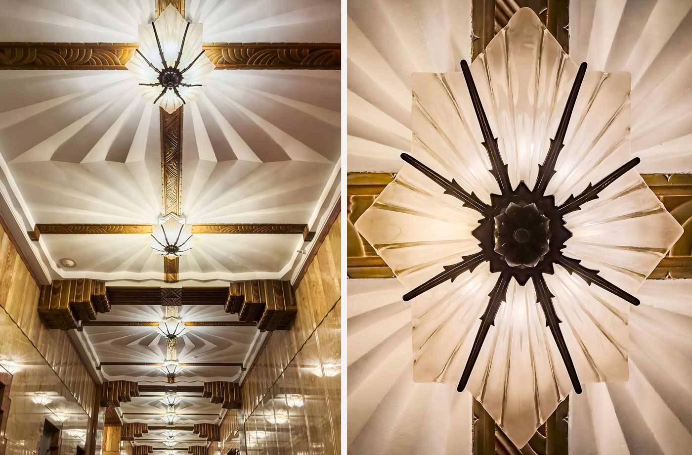 The elevator doors shows a pair of nickel-silver reliefs