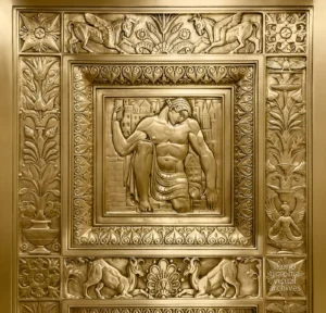 The Builder — Building, elevator panel, Fred French Building, New York, 1927. Gilt bronze relief by Vincent Glinsky and Oscar Bach.