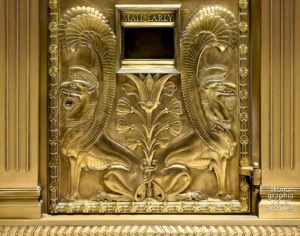 Babylonian griffins and Tree of Life, lower panel, gilded bronze mailbox, Fred French Building, New York, 1927. Artwork by Vincent Glinsky, metalwork by Oscar Bach, program by Douglas Ives. Photographed by Roberto Bigano.