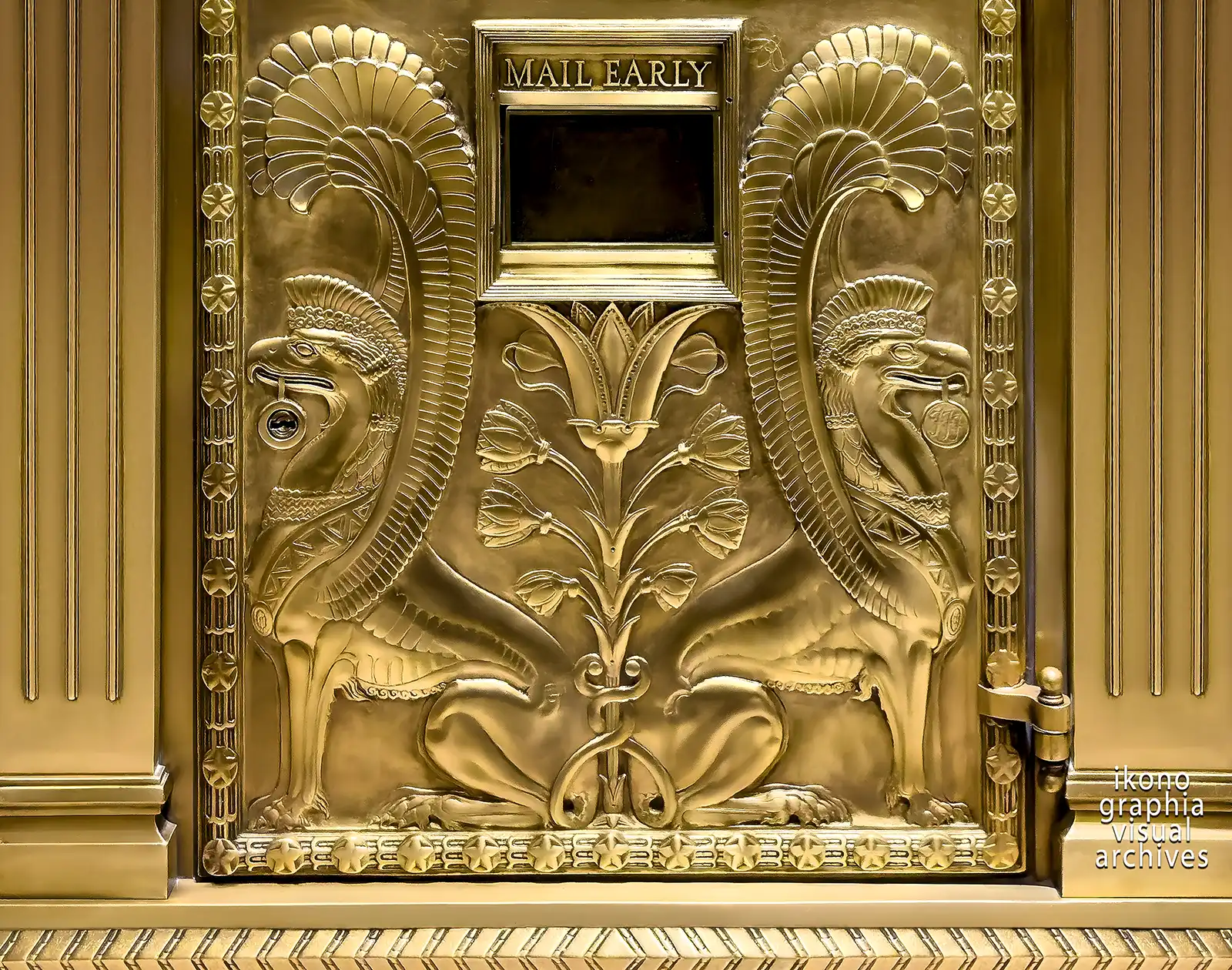 Babylonian griffins and Tree of Life, lower panel, gilded bronze mailbox, Fred French Building, New York, 1927. Artwork by Vincent Glinsky, metalwork by Oscar Bach, program by Douglas Ives. Photographed by Roberto Bigano.