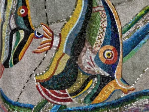 Polychrome fish mosaic detail, 1150 Grand Concourse, the Bronx, New York, 1937. Hand-laid tesserae, artist unidentified. Photographed by Roberto Bigano