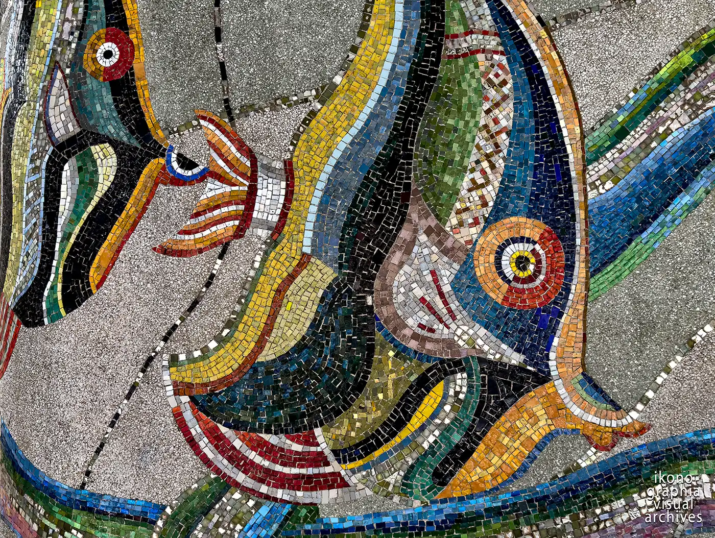 Polychrome fish mosaic detail, 1150 Grand Concourse, the Bronx, New York, 1937. Hand-laid tesserae, artist unidentified. Photographed by Roberto Bigano