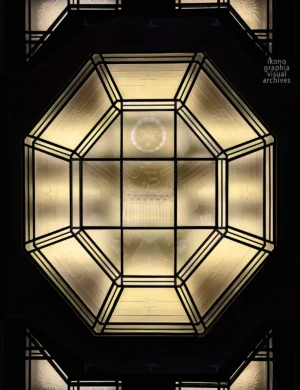 National Seal ceiling light, 90 Church Street, New York, 1937. Beveled crystal panels in bronze octagonal frame, reversible eagle by Carl Paul Jennewein. Photographed by Davide Bigano.